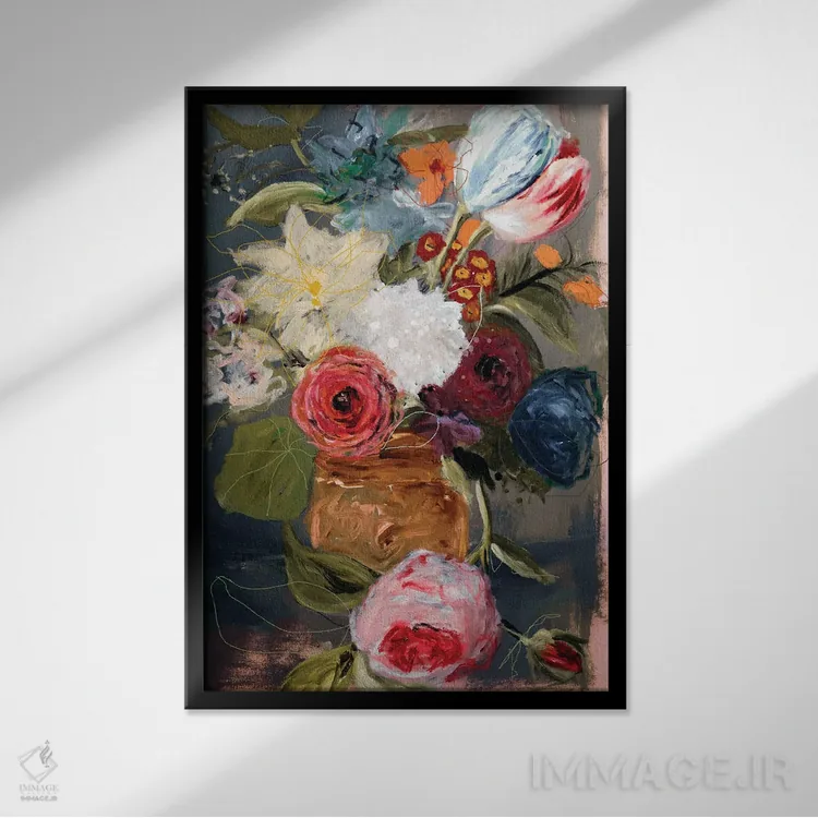 تابلو دکوراتیو طبیعت بی جان بی عنوان با گل ها اثر لی واینر - نمای قابدار مشکی