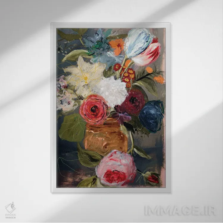 تابلو دکوراتیو طبیعت بی جان بی عنوان با گل ها اثر لی واینر - نمای قابدار سفید