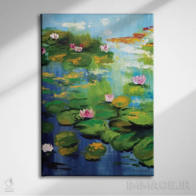 تابلو کلاسیک نیلوفرهای آبی باغ مونه اثر روسـلانا لواندووسکا - نمای روبهرو روی دیوار