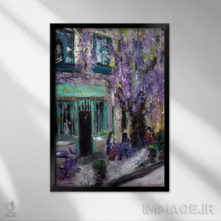 تابلو کلاسیک کافه بنفش در پاریس، فرانسه اثر روسـلانا لواندووسکا - نمای قابدار مشکی
