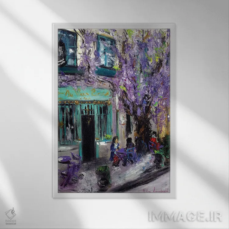 تابلو کلاسیک کافه بنفش در پاریس، فرانسه اثر روسـلانا لواندووسکا - نمای قابدار سفید