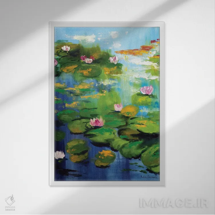 تابلو کلاسیک نیلوفرهای آبی باغ مونه اثر روسـلانا لواندووسکا - نمای قابدار سفید