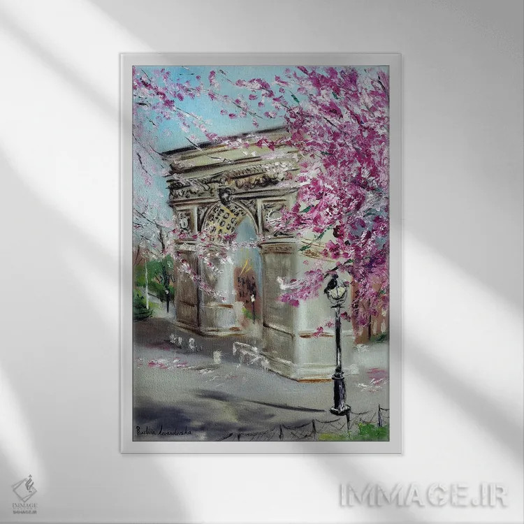 تابلو کلاسیک شکوفه های گیلاس در پارک واشنگتن اسکوئر اثر روسـلانا لواندووسکا - نمای قابدار سفید
