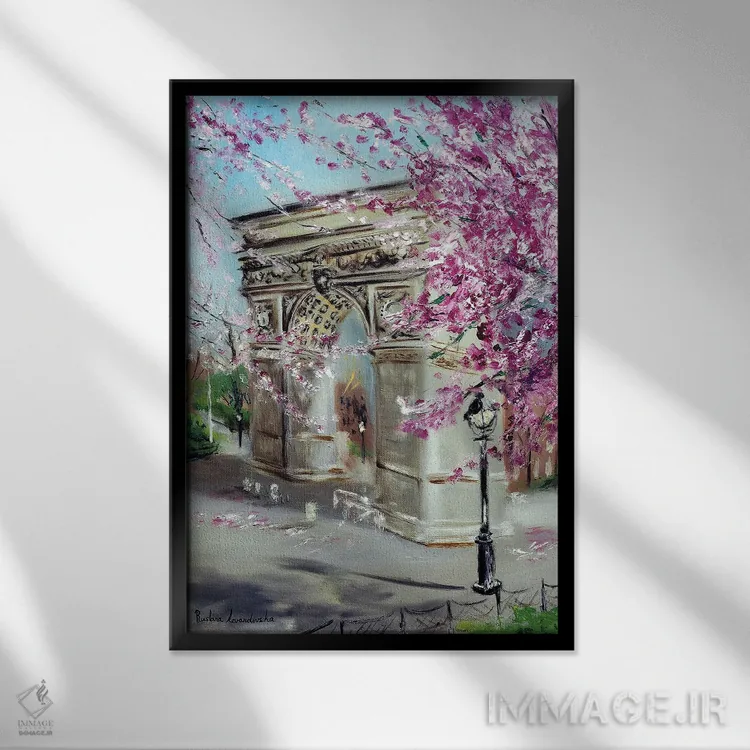 تابلو کلاسیک شکوفه های گیلاس در پارک واشنگتن اسکوئر اثر روسـلانا لواندووسکا - نمای قابدار مشکی