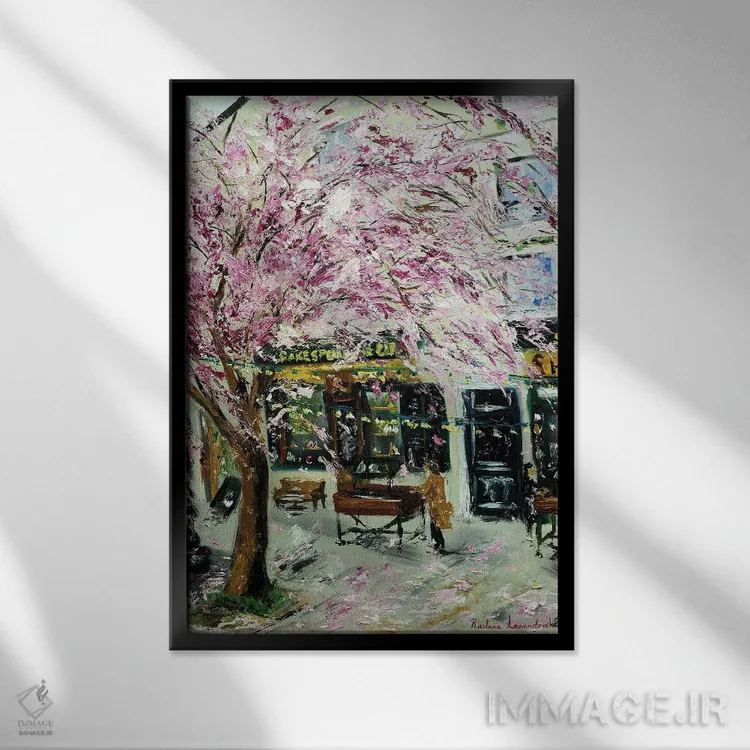 تابلو کلاسیک شکوفه های گیلاس کنار شکسپیر و شرکا، پاریس II اثر روسـلانا لواندووسکا - نمای قابدار مشکی