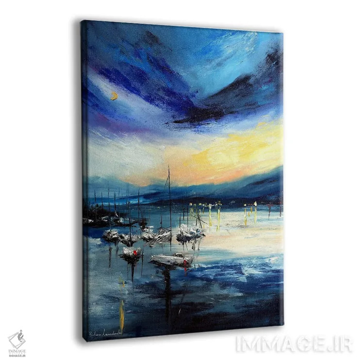 تابلو انتزاعی قایق های بادبانی در دریاچه هنگام غروب اثر روسـلانا لواندووسکا - نمای پرسپکتیو محصول