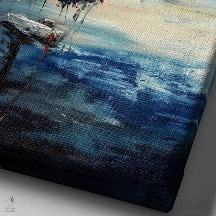 تابلو انتزاعی قایق های بادبانی در دریاچه هنگام غروب اثر روسـلانا لواندووسکا - نمای نزدیک بافت بوم