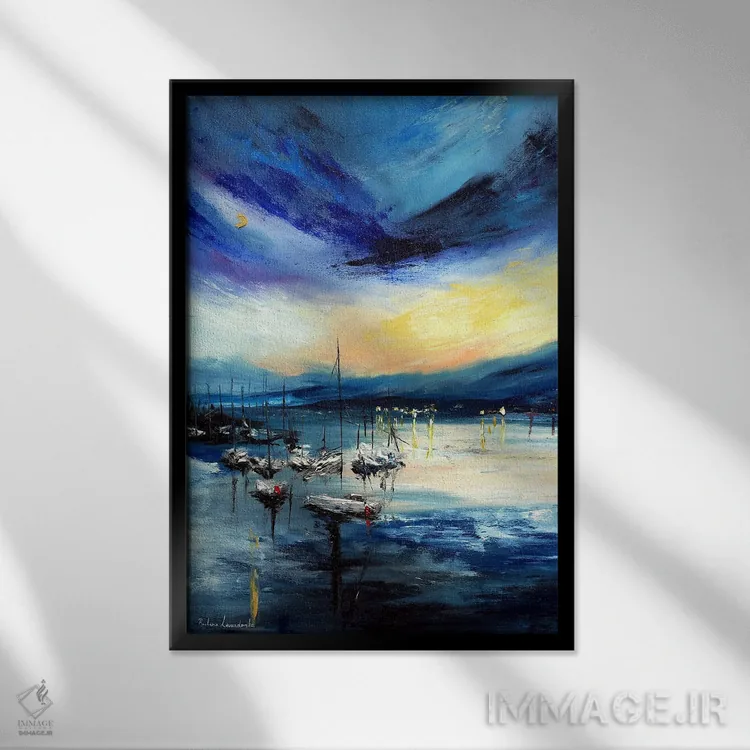 تابلو انتزاعی قایق های بادبانی در دریاچه هنگام غروب اثر روسـلانا لواندووسکا - نمای قابدار مشکی