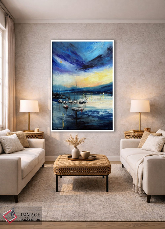 تابلو انتزاعی قایق های بادبانی در دریاچه هنگام غروب اثر روسـلانا لواندووسکا - D1W