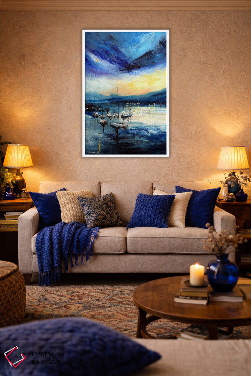 تابلو انتزاعی قایق های بادبانی در دریاچه هنگام غروب اثر روسـلانا لواندووسکا - D3W