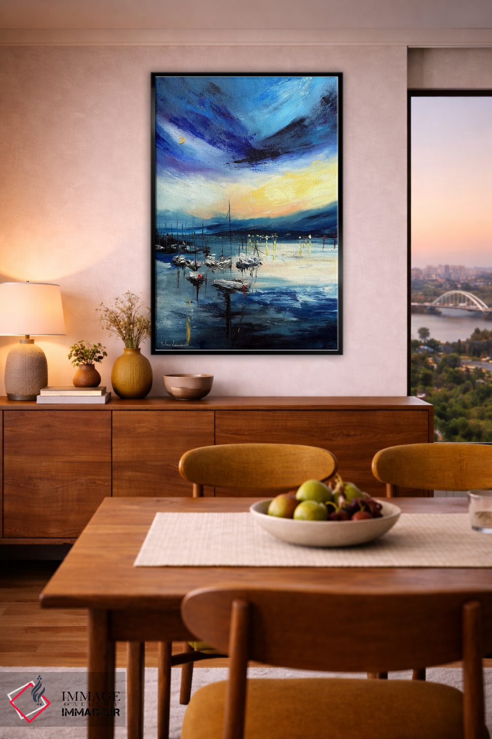 تابلو انتزاعی قایق های بادبانی در دریاچه هنگام غروب اثر روسـلانا لواندووسکا - D4B