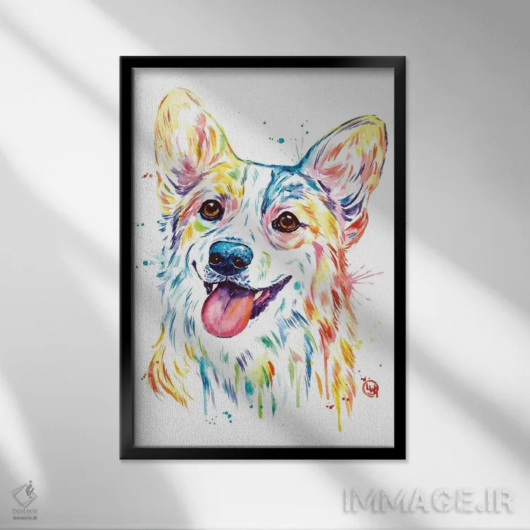 تابلو دکوراتیو کورگی اثر لیزا وایت هاوس - نمای قابدار مشکی