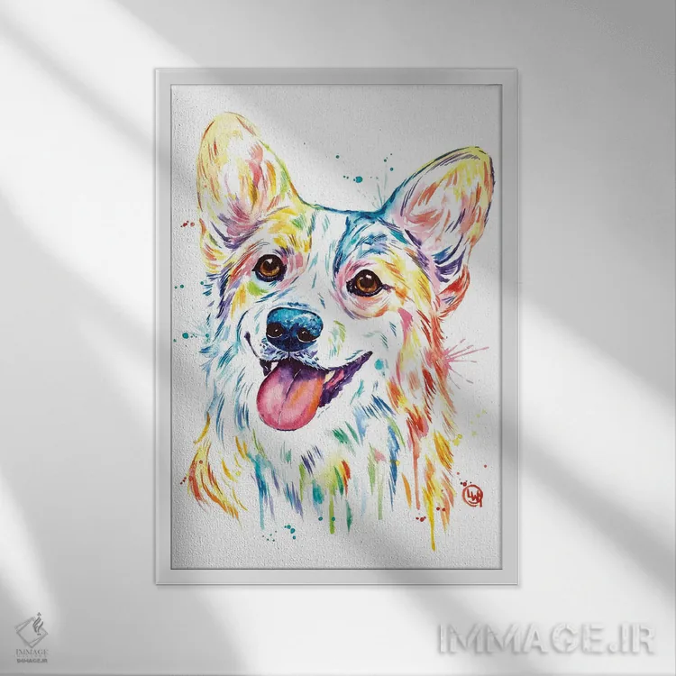 تابلو دکوراتیو کورگی اثر لیزا وایت هاوس - نمای قابدار سفید