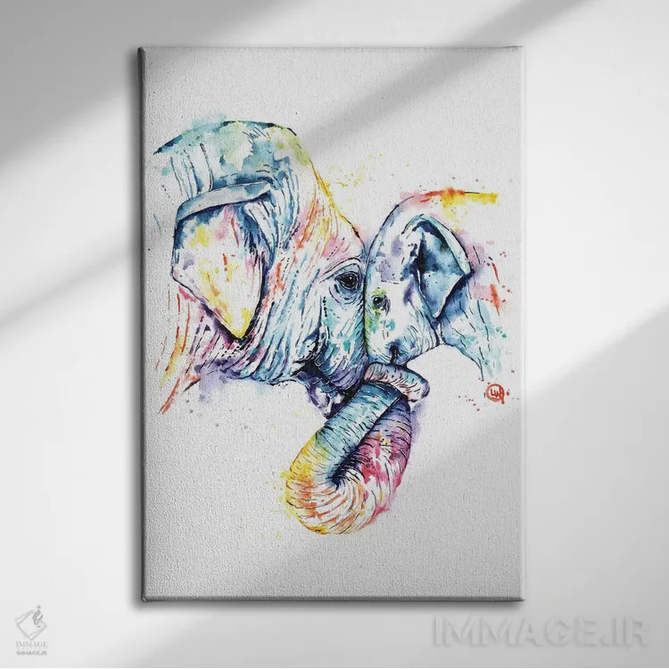 تابلو مدرن فیل مادر و بچه اثر لیزا وایت هاوس - نمای روبهرو روی دیوار