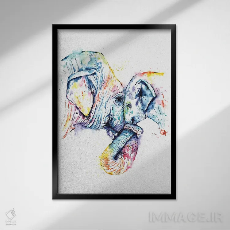 تابلو مدرن فیل مادر و بچه اثر لیزا وایت هاوس - نمای قابدار مشکی