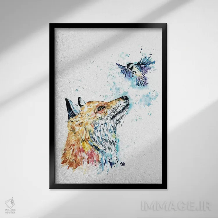 تابلو مدرن روباه و چیکادی اثر لیزا وایت هاوس - نمای قابدار مشکی