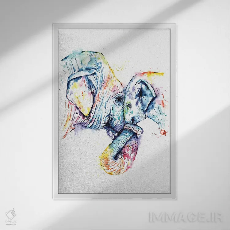 تابلو مدرن فیل مادر و بچه اثر لیزا وایت هاوس - نمای قابدار سفید