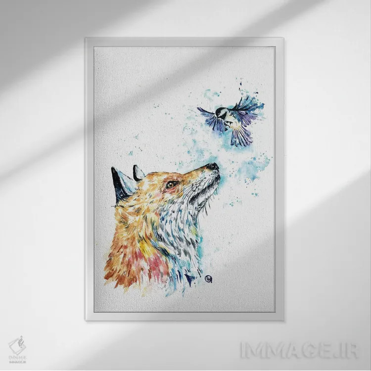 تابلو مدرن روباه و چیکادی اثر لیزا وایت هاوس - نمای قابدار سفید