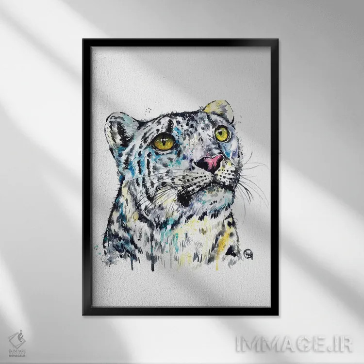 تابلو مدرن پلنگ برفی اثر لیزا وایت هاوس - نمای قابدار مشکی