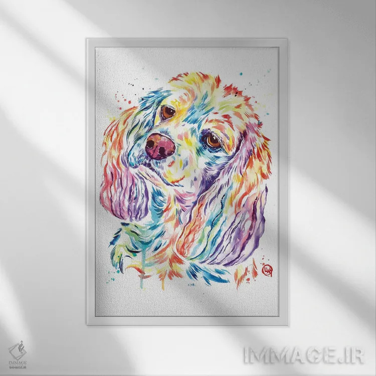 تابلو دکوراتیو کاکر کنجکاو اثر لیزا وایت هاوس - نمای قابدار سفید