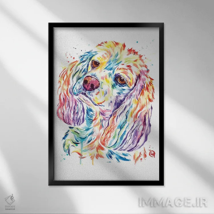 تابلو دکوراتیو کاکر کنجکاو اثر لیزا وایت هاوس - نمای قابدار مشکی