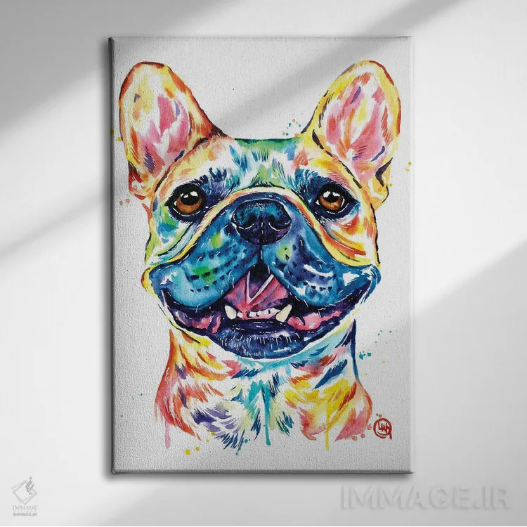 تابلو دکوراتیو بولداگ فرانسوی نخودی رنگ اثر لیزا وایت هاوس - نمای روبهرو روی دیوار
