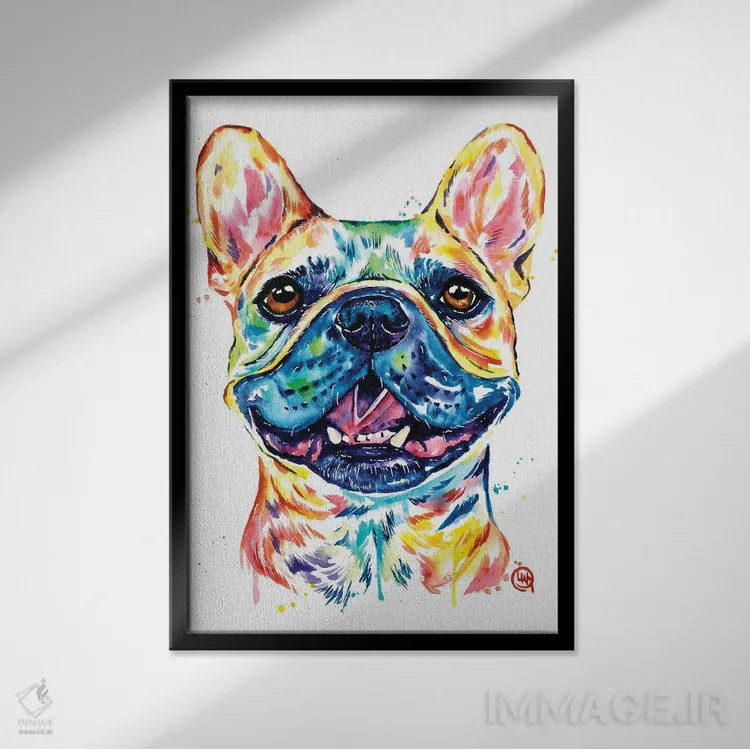 تابلو دکوراتیو بولداگ فرانسوی نخودی رنگ اثر لیزا وایت هاوس - نمای قابدار مشکی