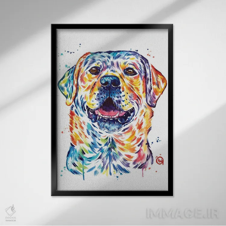 تابلو دکوراتیو لابرادور شاد اثر لیزا وایت هاوس - نمای قابدار مشکی