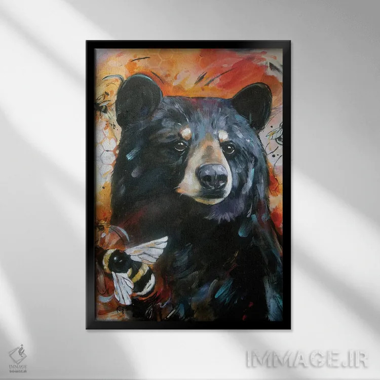 تابلو دکوراتیو خرس و زنبورها اثر لیزا وایت هاوس - نمای قابدار مشکی