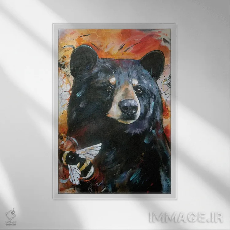 تابلو دکوراتیو خرس و زنبورها اثر لیزا وایت هاوس - نمای قابدار سفید