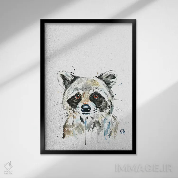 تابلو دکوراتیو راکون پیکابو اثر لیزا وایت هاوس - نمای قابدار مشکی