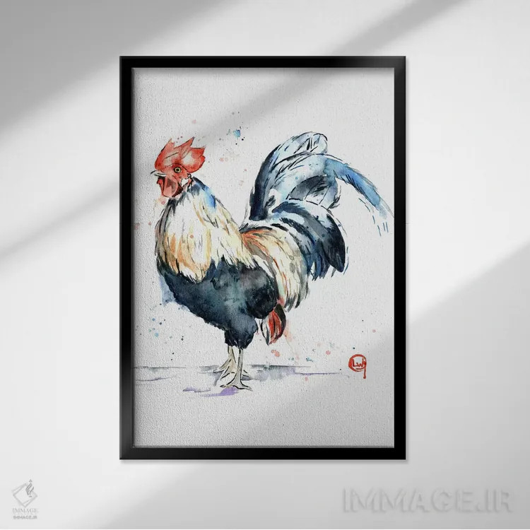 تابلو دکوراتیو خروس اثر لیزا وایت هاوس - نمای قابدار مشکی