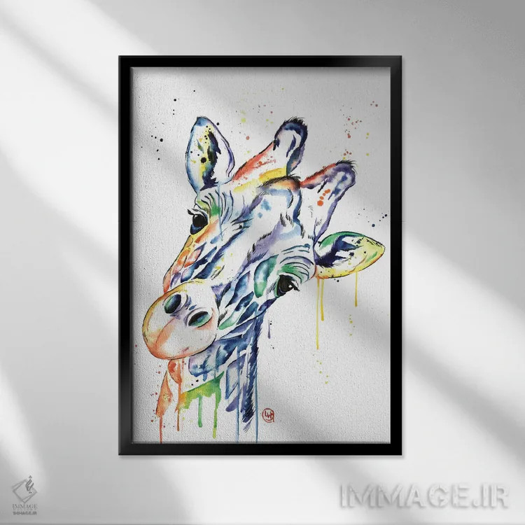 تابلو دکوراتیو زرافه کنجکاو اثر لیزا وایت هاوس - نمای قابدار مشکی