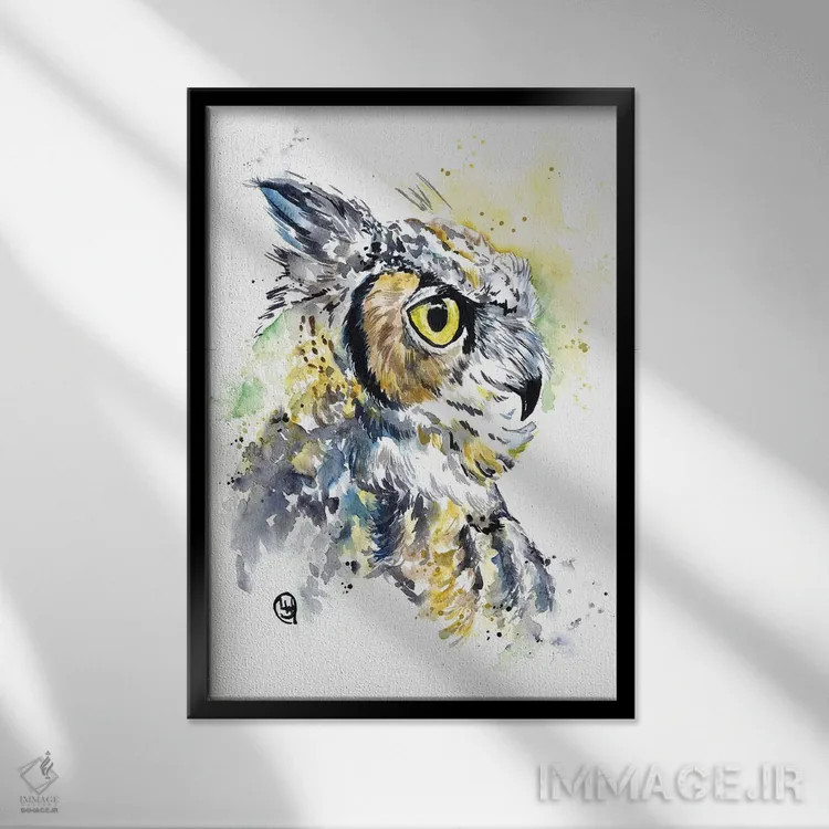 تابلو دکوراتیو جغد شاخدار اثر لیزا وایت هاوس - نمای قابدار مشکی