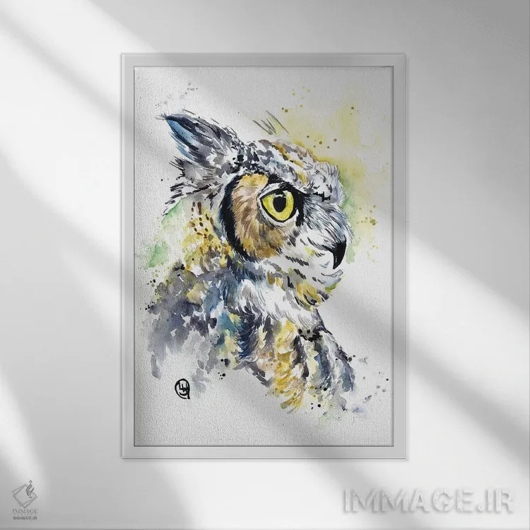 تابلو دکوراتیو جغد شاخدار اثر لیزا وایت هاوس - نمای قابدار سفید