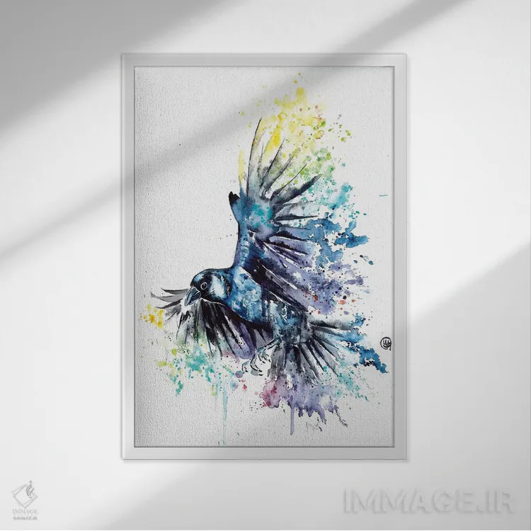 تابلو دکوراتیو کلاغ سیاه اثر لیزا وایت هاوس - نمای قابدار سفید