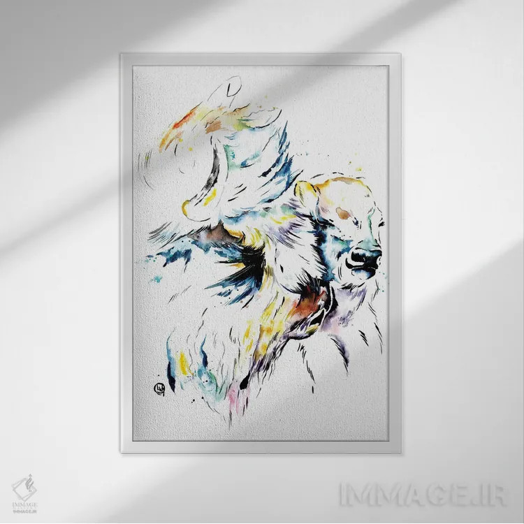 تابلو دکوراتیو گاومیش آمریکایی اثر لیزا وایت هاوس - نمای قابدار سفید