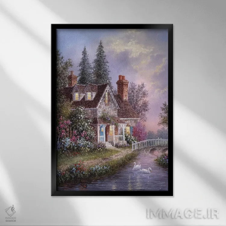 تابلو دکوراتیو کلبه پل سنگی اثر دنیس لوان - نمای قابدار مشکی