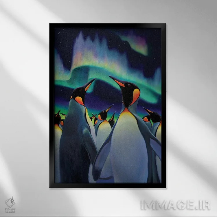 تابلو دکوراتیو رژه نورانی پنگوئن ها اثر چارلز لین براگ - نمای قابدار مشکی