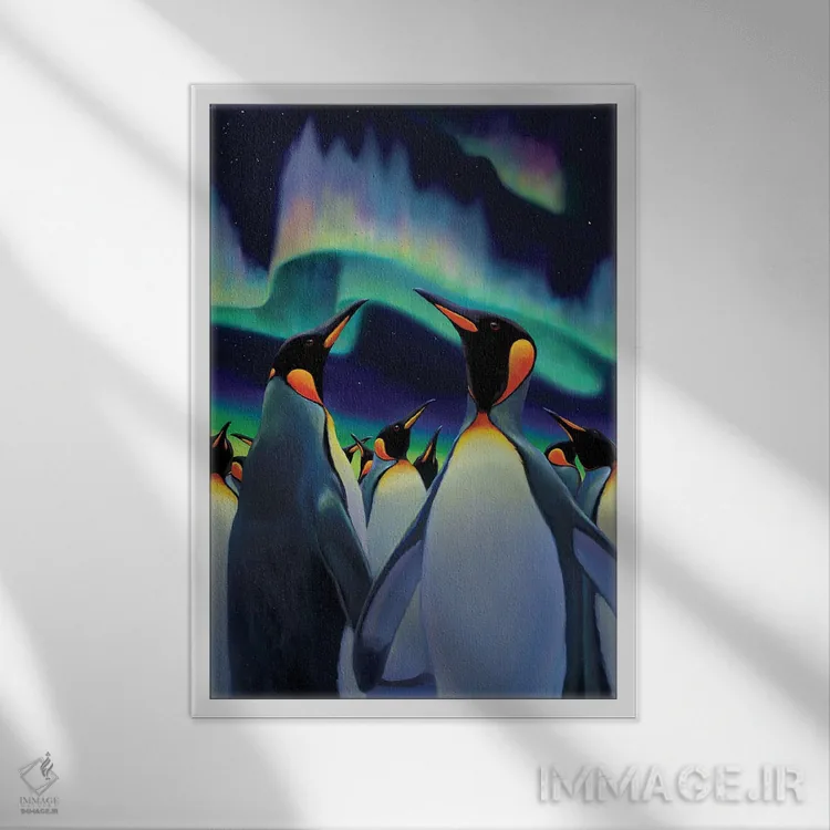 تابلو دکوراتیو رژه نورانی پنگوئن ها اثر چارلز لین براگ - نمای قابدار سفید