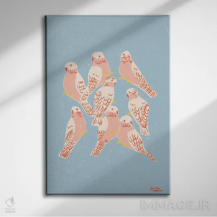 تابلو دکوراتیو طوطی گالا صورتی اثر لیدیا الن - نمای روبهرو روی دیوار