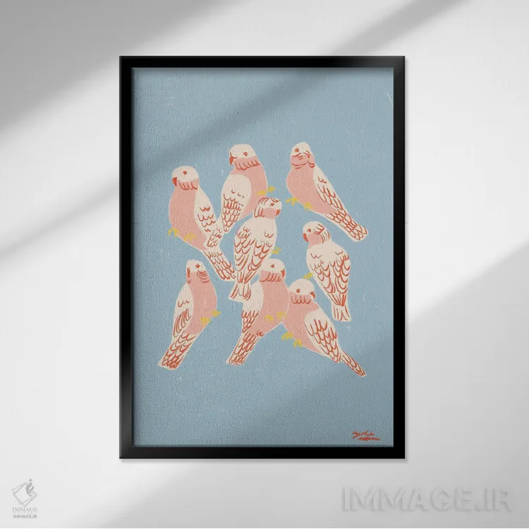 تابلو دکوراتیو طوطی گالا صورتی اثر لیدیا الن - نمای قابدار مشکی