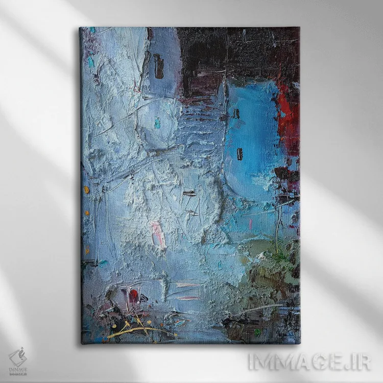 تابلو انتزاعی عمودها در آبی اثر استانیسلاو لازاروف - نمای روبهرو روی دیوار