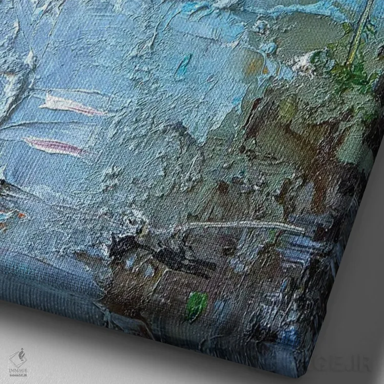 تابلو انتزاعی عمودها در آبی اثر استانیسلاو لازاروف - نمای نزدیک بافت بوم