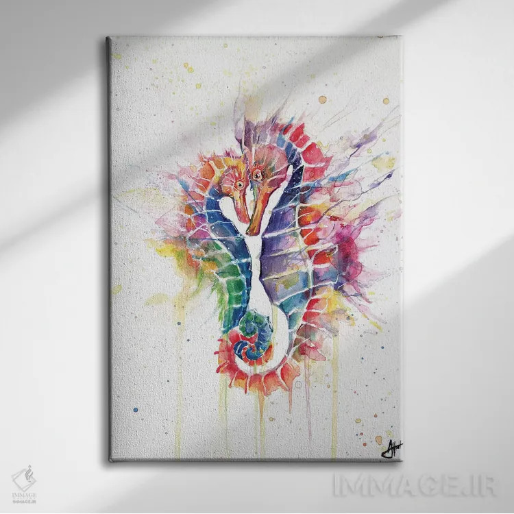 تابلو دکوراتیو اسب های دریایی سرخوش اثر مارک آلانته - نمای روبهرو روی دیوار