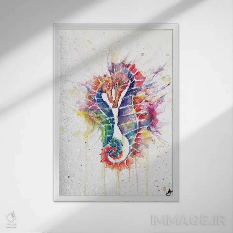 تابلو دکوراتیو اسب های دریایی سرخوش اثر مارک آلانته - نمای قابدار سفید