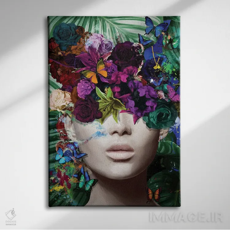 تابلو مدرن اگنس با گل ها، شاخ و برگ و پروانه ها اثر مارسیا آلک - نمای روبهرو روی دیوار