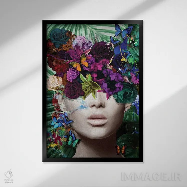 تابلو مدرن اگنس با گل ها، شاخ و برگ و پروانه ها اثر مارسیا آلک - نمای قابدار مشکی