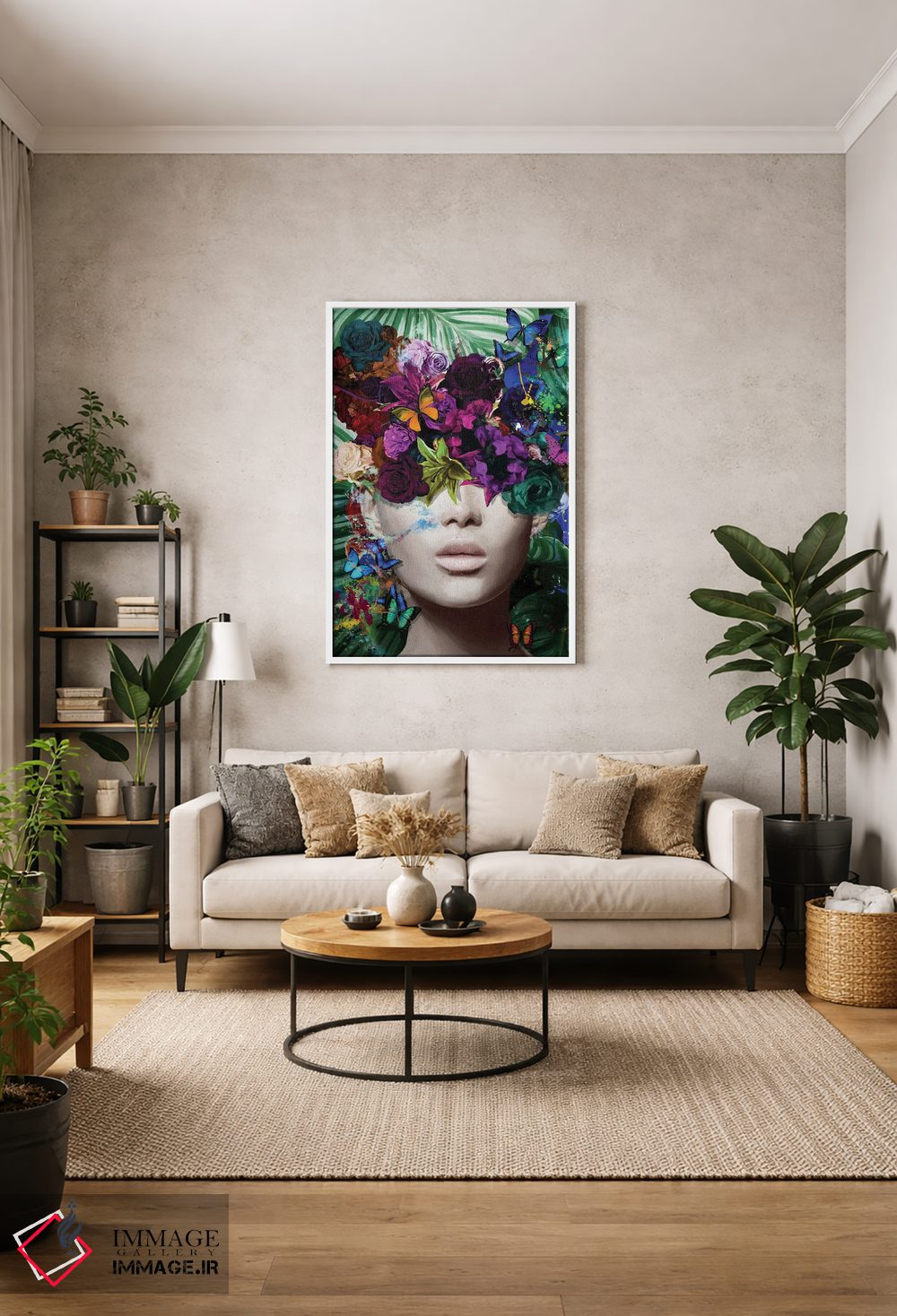 تابلو مدرن اگنس با گل ها، شاخ و برگ و پروانه ها اثر مارسیا آلک - D1W