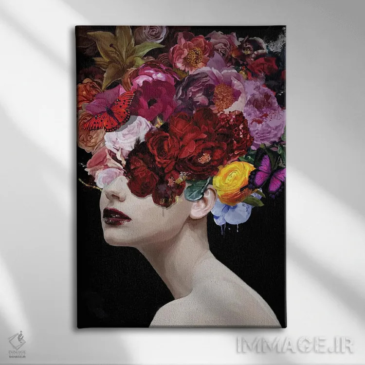 تابلو مدرن سوسن با گل ها و پروانه ها اثر مارسیا آلک - نمای روبهرو روی دیوار